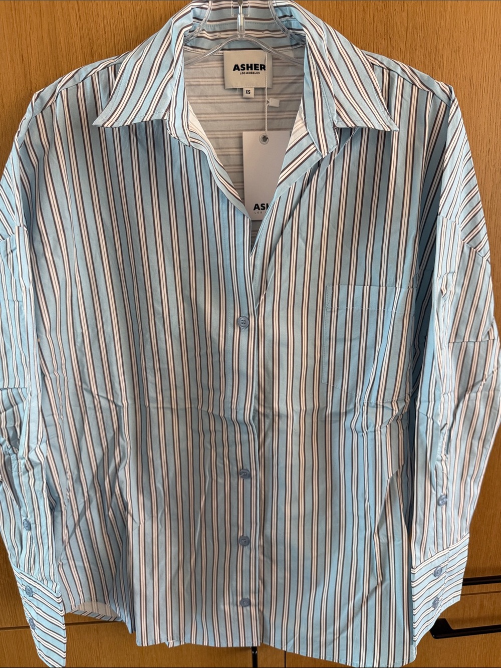 ASHER Karis Button Down striped shirt color brown/ blue color Size XSmall NWT - Picture 2 of 9